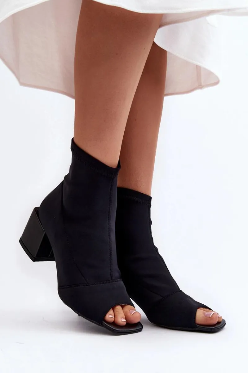 Outlet 2876 Botki Damskie Na Obcasie Z Odkrytymi Noskami Czarne Damskie Botki Wiosenne|Czarne Botki