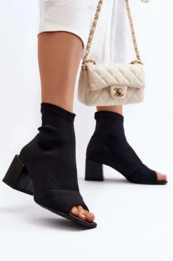 Outlet 2876 Botki Damskie Na Obcasie Z Odkrytymi Noskami Czarne Damskie Botki Wiosenne|Czarne Botki