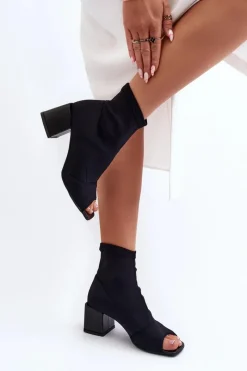 Outlet 2876 Botki Damskie Na Obcasie Z Odkrytymi Noskami Czarne Damskie Botki Wiosenne|Czarne Botki