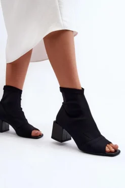 Outlet 2876 Botki Damskie Na Obcasie Z Odkrytymi Noskami Czarne Damskie Botki Wiosenne|Czarne Botki