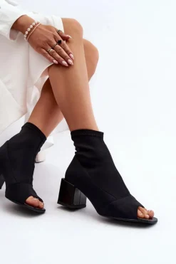 Outlet 2876 Botki Damskie Na Obcasie Z Odkrytymi Noskami Czarne Damskie Botki Wiosenne|Czarne Botki