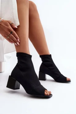 Outlet 2876 Botki Damskie Na Obcasie Z Odkrytymi Noskami Czarne Damskie Botki Wiosenne|Czarne Botki