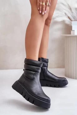 Online 60512 Botki Damskie Skórzane Na Zamek Ocieplane Filcem Czarne Damskie Botki Ocieplane|Botki Skórzane