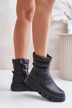Online 60512 Botki Damskie Skórzane Na Zamek Ocieplane Filcem Czarne Damskie Botki Ocieplane|Botki Skórzane