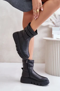 Online 60512 Botki Damskie Skórzane Na Zamek Ocieplane Filcem Czarne Damskie Botki Ocieplane|Botki Skórzane