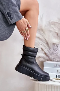 Online 60512 Botki Damskie Skórzane Na Zamek Ocieplane Filcem Czarne Damskie Botki Ocieplane|Botki Skórzane