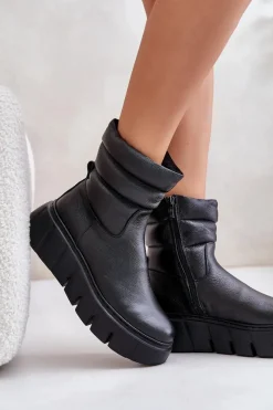 Online 60512 Botki Damskie Skórzane Na Zamek Ocieplane Filcem Czarne Damskie Botki Ocieplane|Botki Skórzane