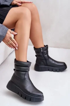 Online 60512 Botki Damskie Skórzane Na Zamek Ocieplane Filcem Czarne Damskie Botki Ocieplane|Botki Skórzane