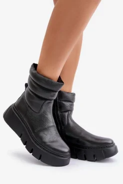 Online 60512 Botki Damskie Skórzane Na Zamek Ocieplane Filcem Czarne Damskie Botki Ocieplane|Botki Skórzane