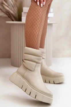 Botki Ocieplane|Botki Skórzane>Zazoo 60512 Botki Damskie Skórzane Na Zamek Ocieplane Filcem Jasnobeżowe Beżowy