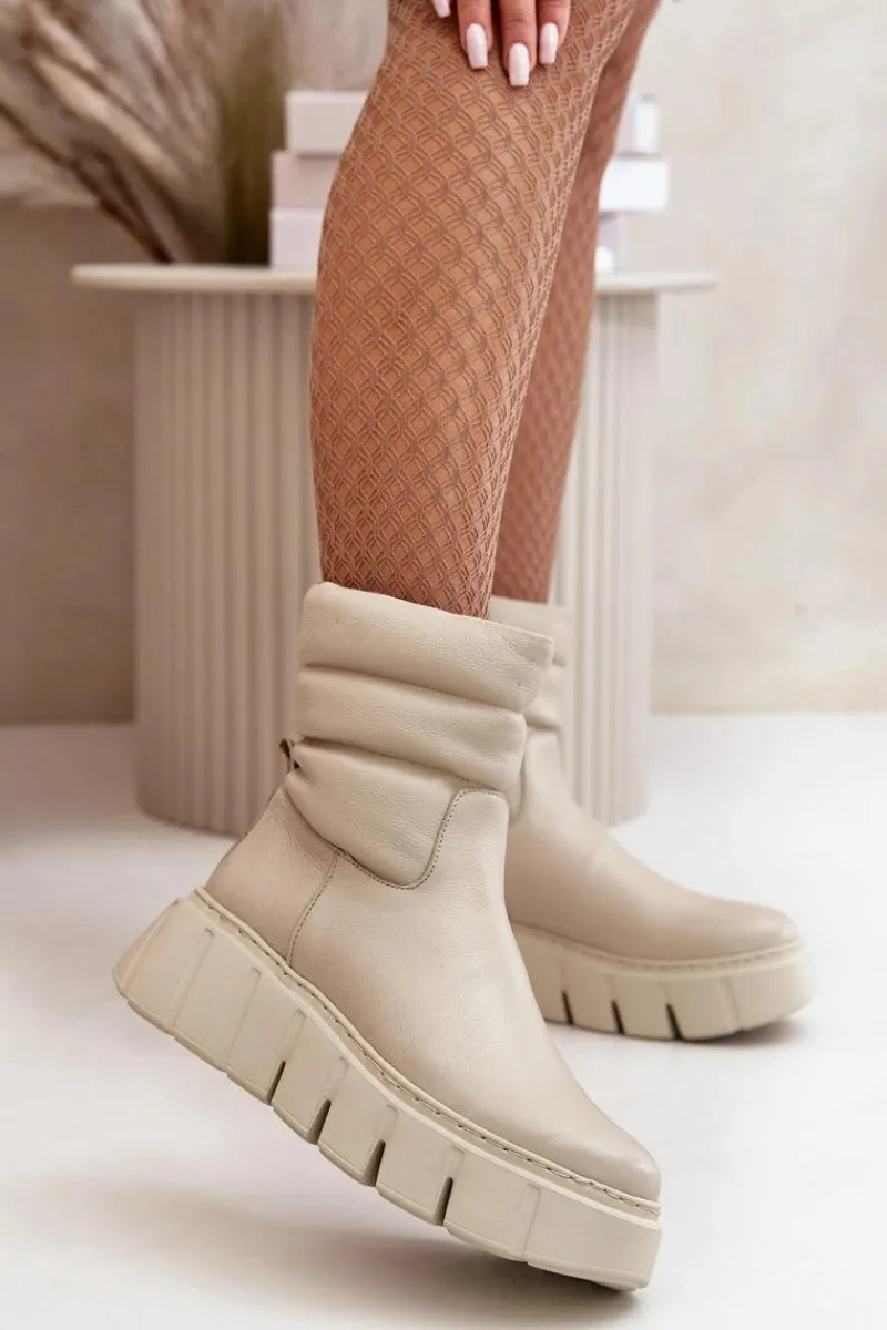 Botki Ocieplane|Botki Skórzane>Zazoo 60512 Botki Damskie Skórzane Na Zamek Ocieplane Filcem Jasnobeżowe Beżowy