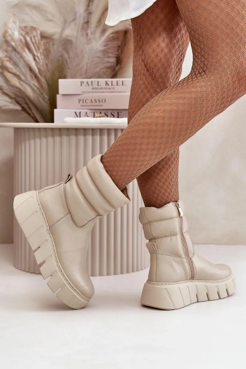 Botki Ocieplane|Botki Skórzane>Zazoo 60512 Botki Damskie Skórzane Na Zamek Ocieplane Filcem Jasnobeżowe Beżowy