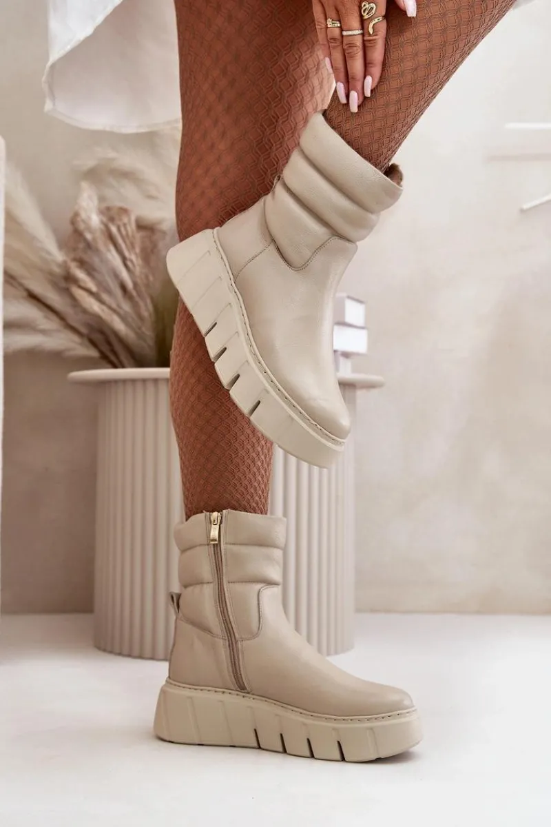 Botki Ocieplane|Botki Skórzane>Zazoo 60512 Botki Damskie Skórzane Na Zamek Ocieplane Filcem Jasnobeżowe Beżowy