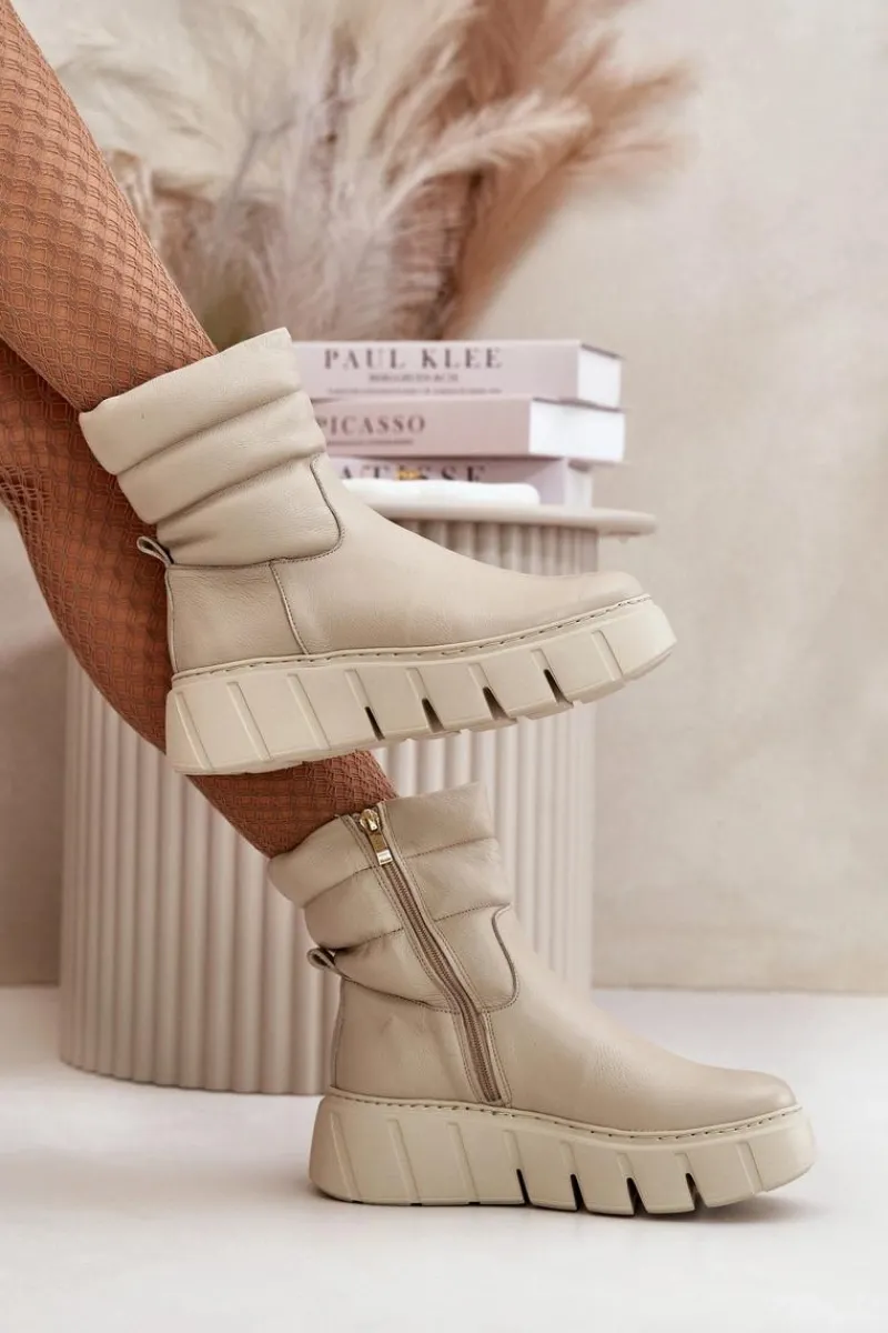 Botki Ocieplane|Botki Skórzane>Zazoo 60512 Botki Damskie Skórzane Na Zamek Ocieplane Filcem Jasnobeżowe Beżowy