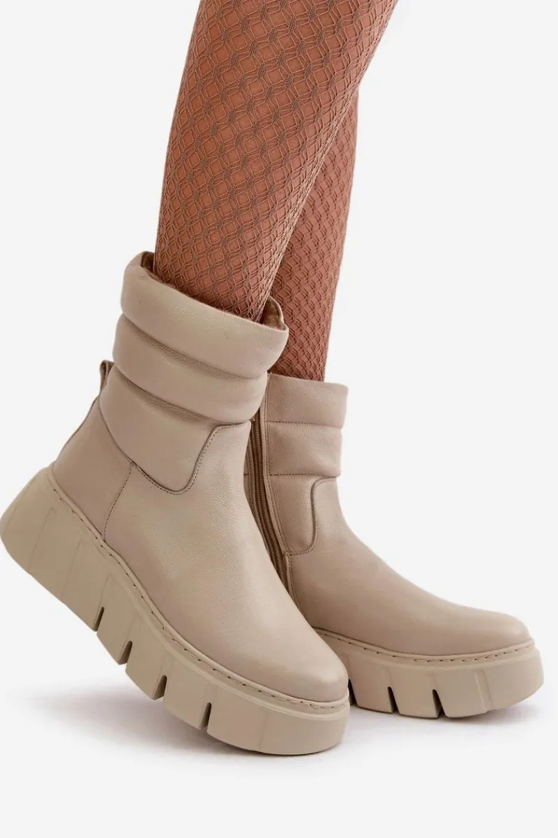 Botki Ocieplane|Botki Skórzane>Zazoo 60512 Botki Damskie Skórzane Na Zamek Ocieplane Filcem Jasnobeżowe Beżowy