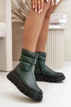Outlet 60512 Botki Damskie Skórzane Na Zamek Ocieplane Filcem Ciemnozielone Damskie Botki Ocieplane|Botki Skórzane