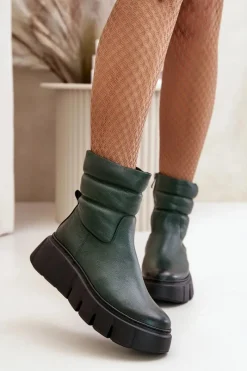 Outlet 60512 Botki Damskie Skórzane Na Zamek Ocieplane Filcem Ciemnozielone Damskie Botki Ocieplane|Botki Skórzane