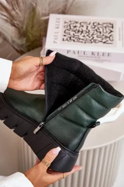 Outlet 60512 Botki Damskie Skórzane Na Zamek Ocieplane Filcem Ciemnozielone Damskie Botki Ocieplane|Botki Skórzane