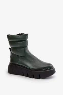 Outlet 60512 Botki Damskie Skórzane Na Zamek Ocieplane Filcem Ciemnozielone Damskie Botki Ocieplane|Botki Skórzane