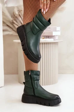Outlet 60512 Botki Damskie Skórzane Na Zamek Ocieplane Filcem Ciemnozielone Damskie Botki Ocieplane|Botki Skórzane