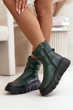 Outlet 60512 Botki Damskie Skórzane Na Zamek Ocieplane Filcem Ciemnozielone Damskie Botki Ocieplane|Botki Skórzane