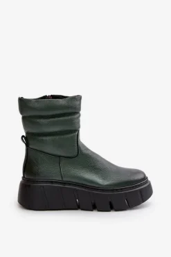 Outlet 60512 Botki Damskie Skórzane Na Zamek Ocieplane Filcem Ciemnozielone Damskie Botki Ocieplane|Botki Skórzane