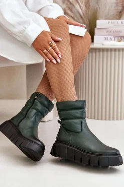 Outlet 60512 Botki Damskie Skórzane Na Zamek Ocieplane Filcem Ciemnozielone Damskie Botki Ocieplane|Botki Skórzane