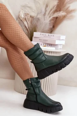 Outlet 60512 Botki Damskie Skórzane Na Zamek Ocieplane Filcem Ciemnozielone Damskie Botki Ocieplane|Botki Skórzane