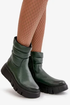 Outlet 60512 Botki Damskie Skórzane Na Zamek Ocieplane Filcem Ciemnozielone Damskie Botki Ocieplane|Botki Skórzane