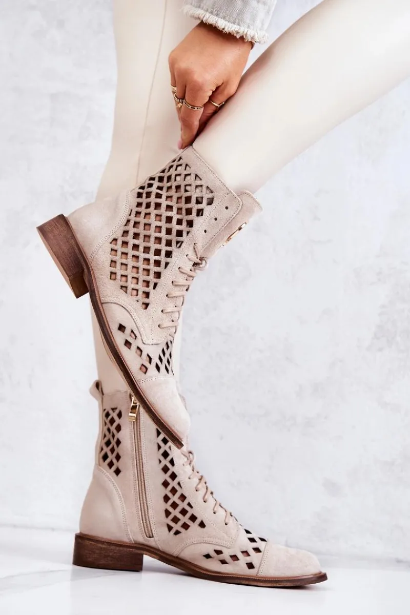 Botki Wiosenne|Brązowe I Beżowe Botki>Zazoo 2695 Botki Skórzane Ażurowe Na Suwak Jasnobeżowe
