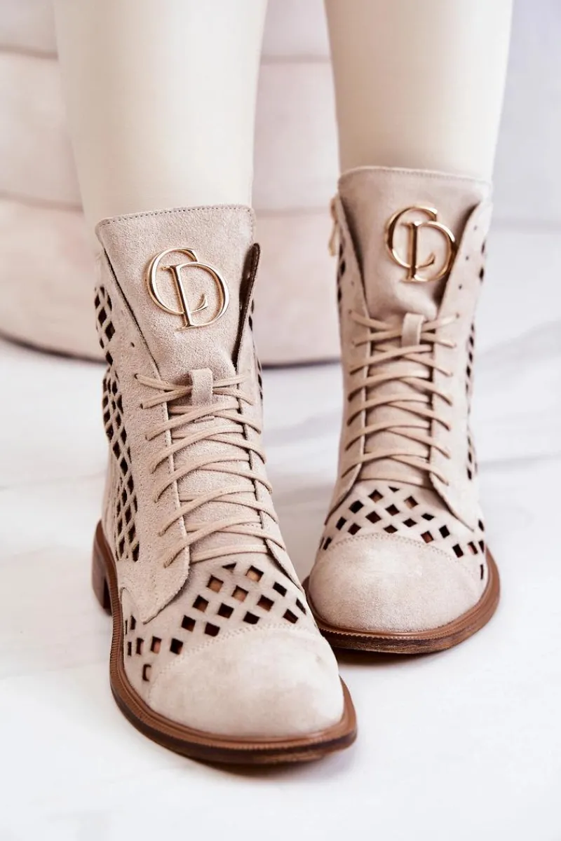 Botki Wiosenne|Brązowe I Beżowe Botki>Zazoo 2695 Botki Skórzane Ażurowe Na Suwak Jasnobeżowe