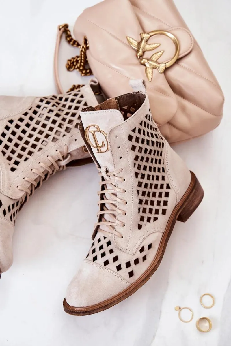 Botki Wiosenne|Brązowe I Beżowe Botki>Zazoo 2695 Botki Skórzane Ażurowe Na Suwak Jasnobeżowe