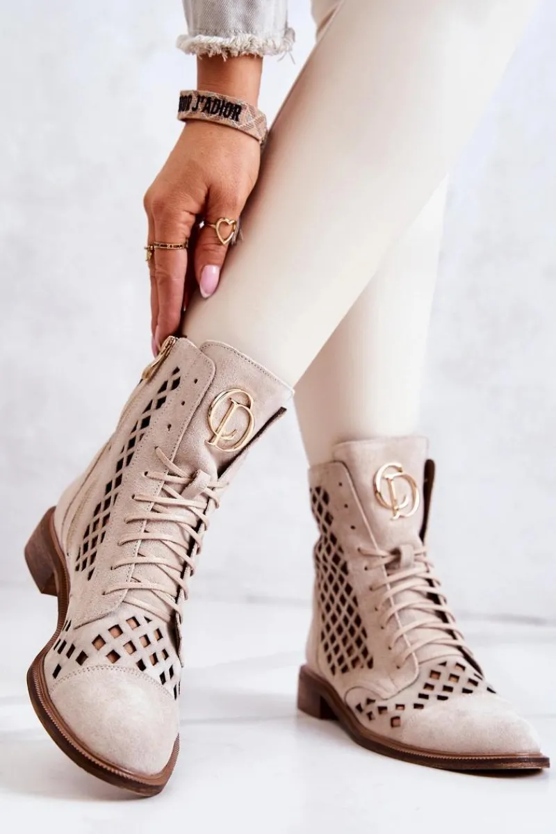 Botki Wiosenne|Brązowe I Beżowe Botki>Zazoo 2695 Botki Skórzane Ażurowe Na Suwak Jasnobeżowe