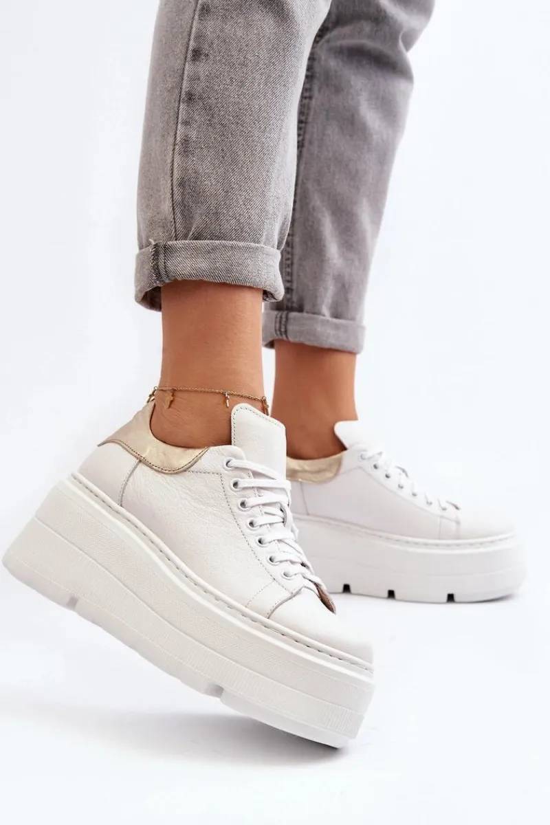10165 Buty Sportowe Damskie Na Masywnej Platformie Białe Damskie Buty Sportowe Na Platformie