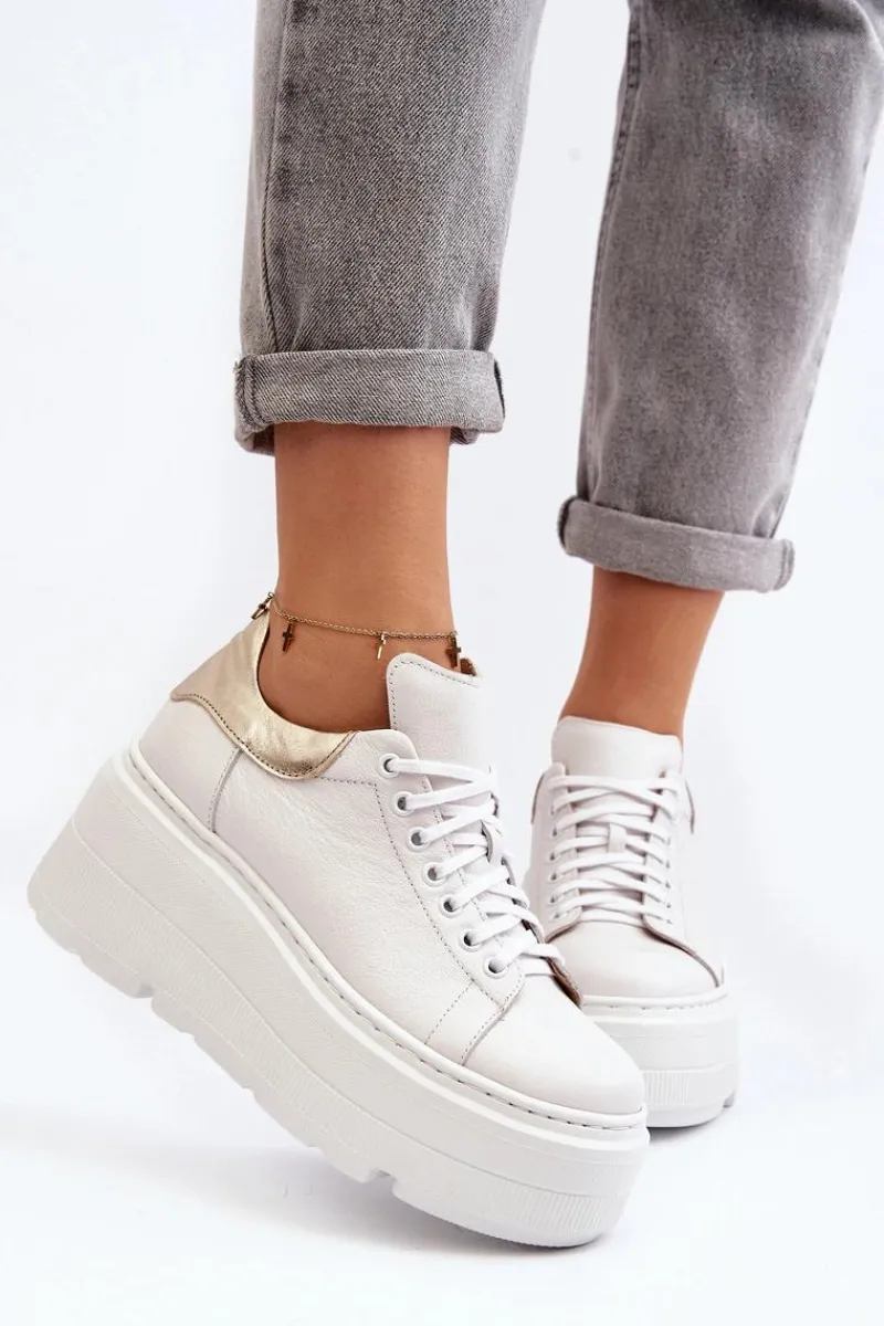 10165 Buty Sportowe Damskie Na Masywnej Platformie Białe Damskie Buty Sportowe Na Platformie