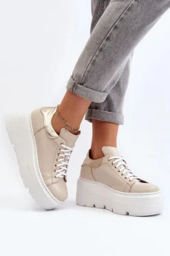 Best 10165 Buty Sportowe Damskie Na Masywnej Platformie Beżowe Damskie Buty Sportowe Na Platformie