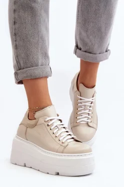 Best 10165 Buty Sportowe Damskie Na Masywnej Platformie Beżowe Damskie Buty Sportowe Na Platformie