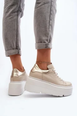 Best 10165 Buty Sportowe Damskie Na Masywnej Platformie Beżowe Damskie Buty Sportowe Na Platformie