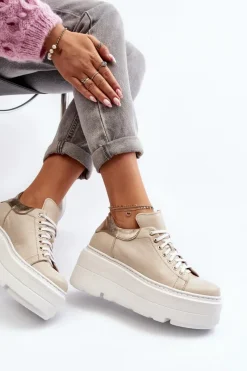 Best 10165 Buty Sportowe Damskie Na Masywnej Platformie Beżowe Damskie Buty Sportowe Na Platformie