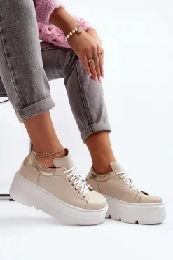 Best 10165 Buty Sportowe Damskie Na Masywnej Platformie Beżowe Damskie Buty Sportowe Na Platformie