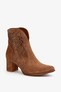 Botki Wiosenne|Botki Skórzane>Zazoo 3166 Damskie Ażurowe Botki Na Obcasie Zamszowe Camel