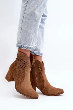 Botki Wiosenne|Botki Skórzane>Zazoo 3166 Damskie Ażurowe Botki Na Obcasie Zamszowe Camel