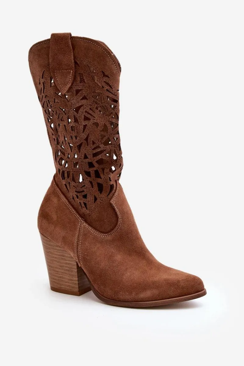 Botki Wiosenne|Botki Skórzane>Zazoo 3414 Damskie Ażurowe Botki Na Słupku Zamszowe Brązowe