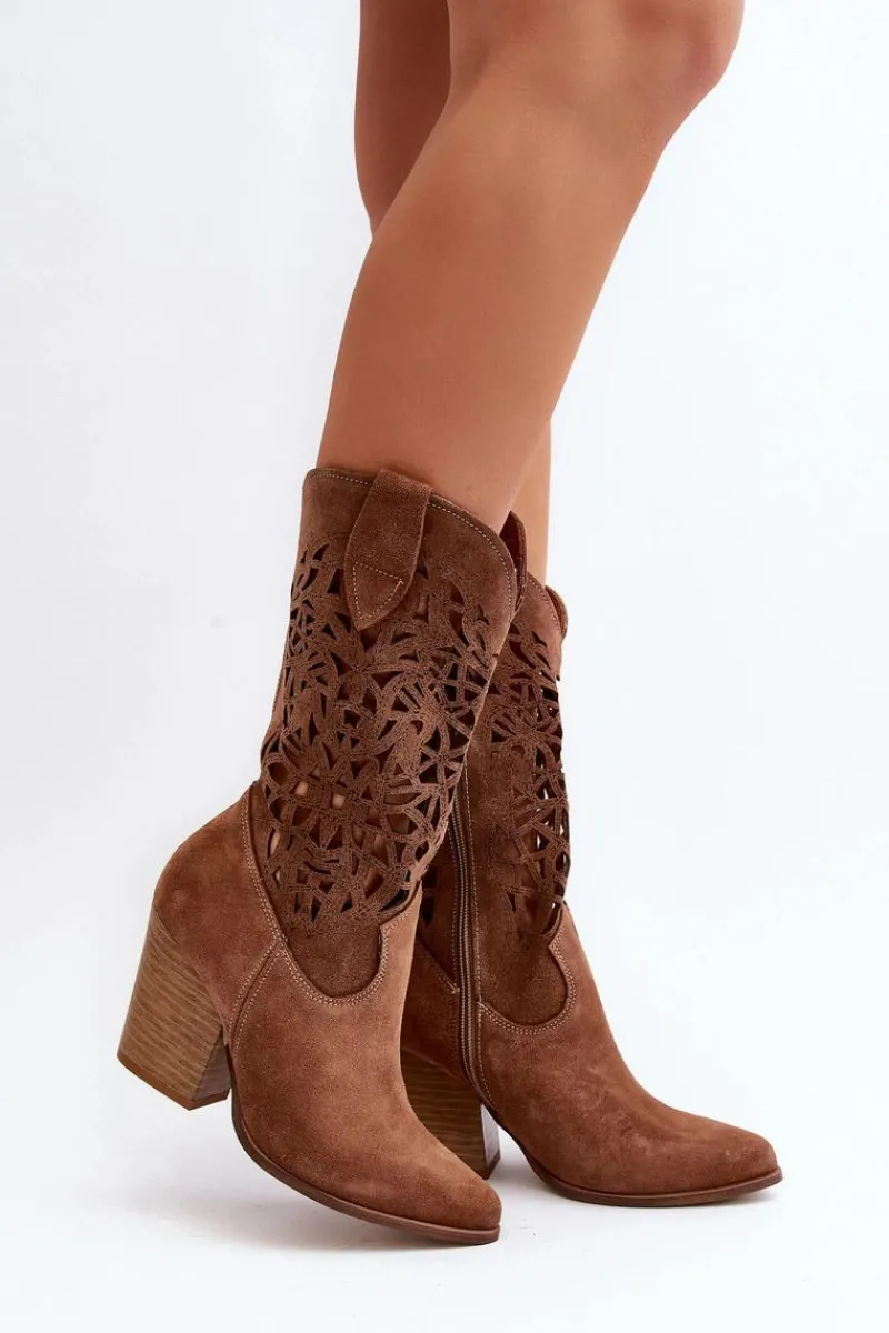 Botki Wiosenne|Botki Skórzane>Zazoo 3414 Damskie Ażurowe Botki Na Słupku Zamszowe Brązowe