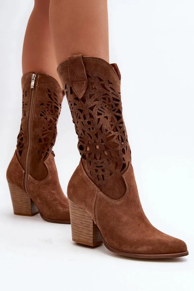 Botki Wiosenne|Botki Skórzane>Zazoo 3414 Damskie Ażurowe Botki Na Słupku Zamszowe Brązowe