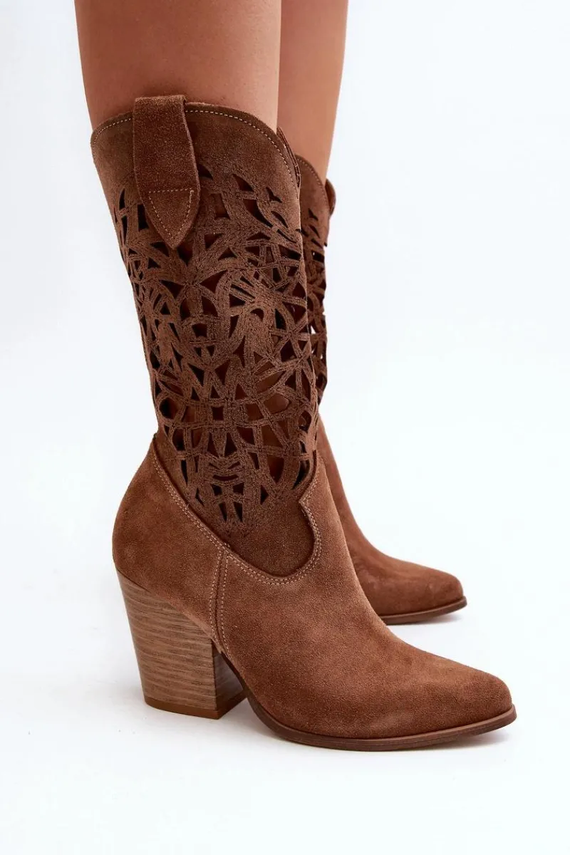 Botki Wiosenne|Botki Skórzane>Zazoo 3414 Damskie Ażurowe Botki Na Słupku Zamszowe Brązowe