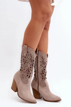 Sale Zazoo 3414 Damskie Ażurowe Botki Na Słupku Zamszowe Cappucino