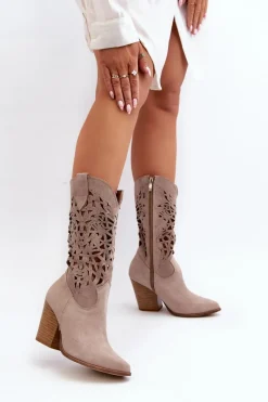 Sale Zazoo 3414 Damskie Ażurowe Botki Na Słupku Zamszowe Cappucino