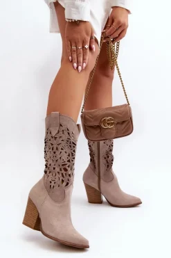 Sale Zazoo 3414 Damskie Ażurowe Botki Na Słupku Zamszowe Cappucino