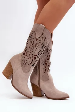Sale Zazoo 3414 Damskie Ażurowe Botki Na Słupku Zamszowe Cappucino